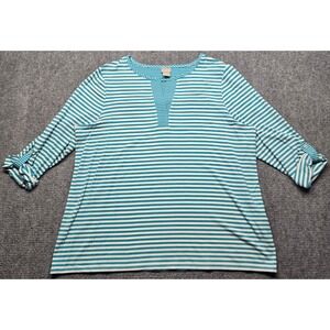 Chicos Blouse Womens 3 Teal White Stripe V Neck 3/4 Sleeve Stretch Pullover Top